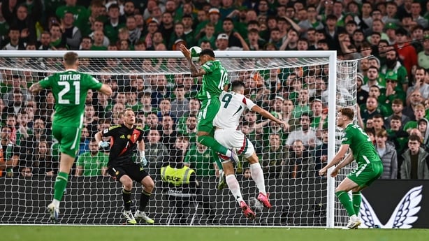 6 September 2025; Adam Idah of Republic of Ireland scores his side's second goal during the FIFA World Cup 2026 Group F qualifying match between Republic of Ireland and Hungary at the Aviva Stadium in Dublin. Photo by Ben McShane/Sportsfile