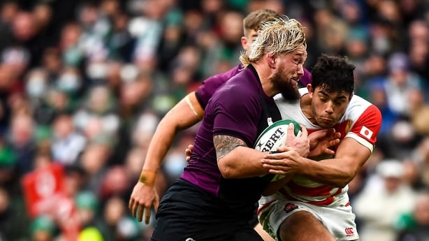 6 November 2021; Andrew Porter of Ireland is tackled by Dylan Riley of Japan during the Autumn Nations Series match between Ireland and Japan at Aviva Stadium in Dublin. Photo by David Fitzgerald/Sportsfile