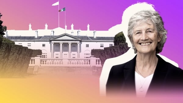 Image shows a cut-out of president-elect Catherine Connolly with the Aras