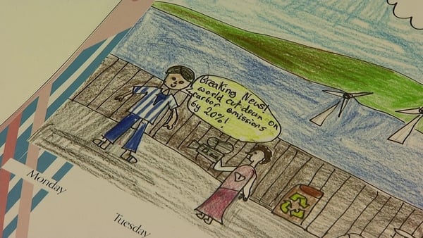 A child's drawing with two children speaking with a bin and wind turbine at the back.