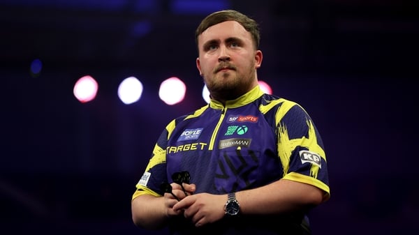 Luke Littler in action during his quarter-final match against Gerwyn Price during day five of the Boyle Sports World Grand Prix at Mattioli Arena on October 10, 2025 in Leicester