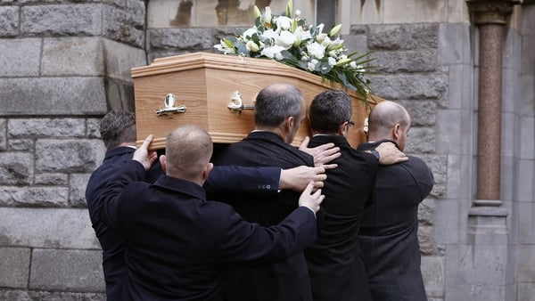 The coffin of Sr Stanislaus Kennedy is brought into the Church of the Sacred Heart, Donnybrook in Dublin