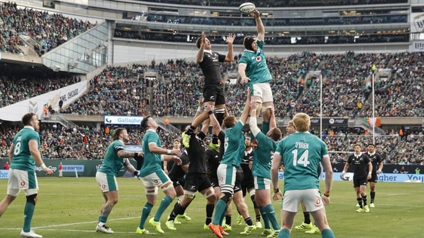 CHICAGO, ILLINOIS - NOVEMBER 01: Ryan Baird of Ireland knocks the ball away from Josh Lord of the All Blacks during a lineout in the The Gallagher Cup: The Rematch at Soldier Field on November 01, 2025 in Chicago, Illinois. (Photo by Michael Reaves/Getty Images)