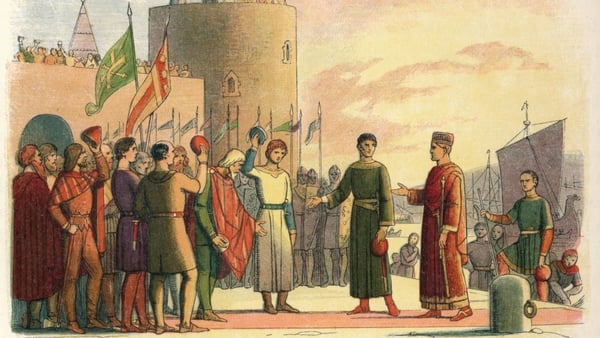 Henry at Waterford', 1864. The Norman invasion of Ireland took place in stages during the late 12th century. This military intervention had the backing of King Henry II of England, (1133-1189) and was authorized by Pope Adrian IV. Henry II, (5 March 1133