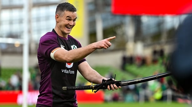 6 November 2021; Jonathan Sexton of Ireland with a Katana that was presented to him by the Japanese captain after the Autumn Nations Series match between Ireland and Japan at Aviva Stadium in Dublin. Photo by Brendan Moran/Sportsfile