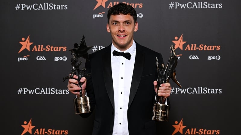 Kerry footballer David Clifford with his PwC GAA/GPA Footballer of the Year and All-Star awards