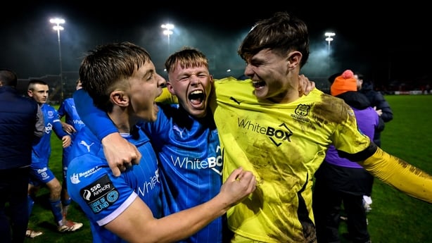 7 November 2025; Waterford players, from left, Tommy Lonergan, Conan Noonan and goalkeeper Stephen McMullan after the SSE Airtricity Men's Premier Division promotion / relegation play-off match between Bray Wanderers and Waterford at Tolka Park in Dublin. Photo by Stephen McCarthy/Sportsfile