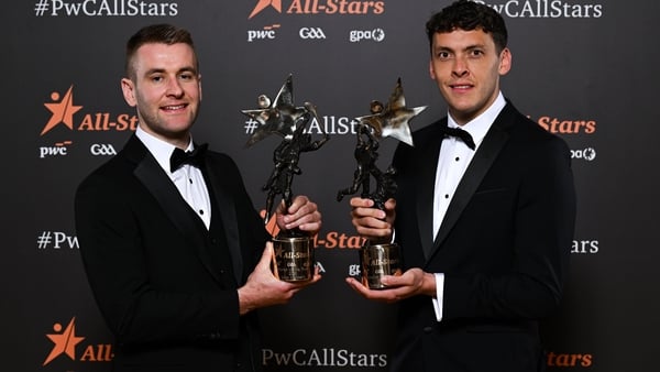 7 November 2025; Tipperary hurler John McGrath with his PwC GAA/GPA Hurler of the Year Award, left, and Kerry footballer David Clifford with his PwC GAA/GPA Footballer of the Year Award during the 2025 PwC GAA/GPA All-Star Awards at the RDS in Dublin. Pho