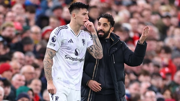 LIVERPOOL, ENGLAND - OCTOBER 19: Manchester United head coach / manager Ruben Amorim instructs Benjamin Sesko of Manchester United as he comes on during the Premier League match between Liverpool and Manchester United at Anfield on October 19, 2025 in Liv