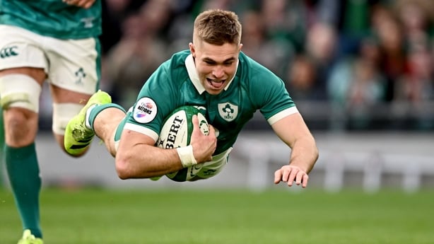 8 November 2025; Jack Crowley of Ireland dives over to score his side's first try during the Quilter Nations Series 2025 match between Ireland and Japan at the Aviva Stadium in Dublin. Photo by Seb Daly/Sportsfile