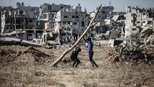 Young Palestinians are trying to make a living by collecting firewood in dangerous areas after the war in the eastern Gaza Strip, near the Al-Bureij Refugee Camp