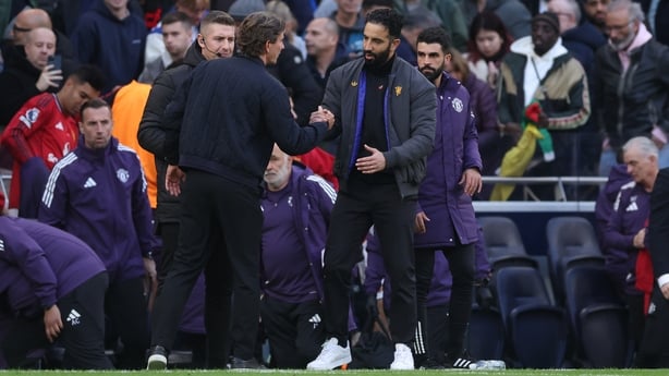 LONDON, ENGLAND - NOVEMBER 08: Manchester United head coach / manager Ruben Amorim and Thomas Frank manager / head coach of Tottenham Hotspur shake hands after the Premier League match between Tottenham Hotspur and Manchester United at Tottenham Hotspur Stadium on November 08, 2025 in London, Englan