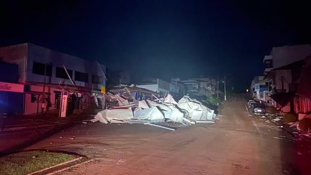 Destruction seen at night following a tornado in Rio Bonito Do Iguacu