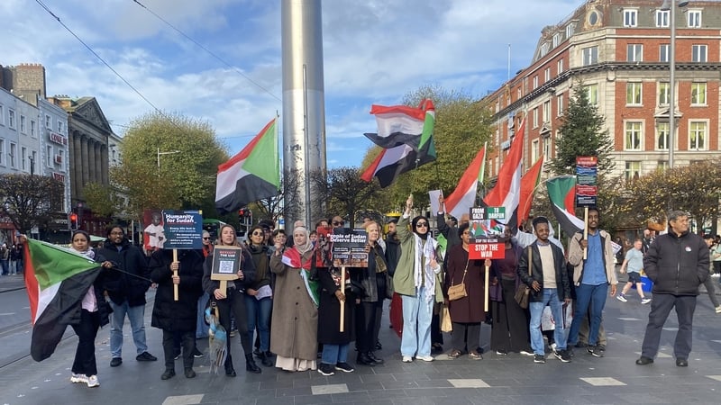 The protesters gathered at the Spire on O'Connell Street in support of peace in Sudan