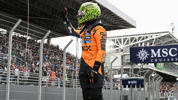 Sprint winner Lando Norris of Great Britain and McLaren waves from parc ferme during the Sprint ahead of the F1 Grand Prix of Brazil at Autodromo Jose Carlos Pace on November 08, 2025 in Sao Paulo, Brazil. (Photo by Mark Sutton - Formula 1/Formula 1 via G