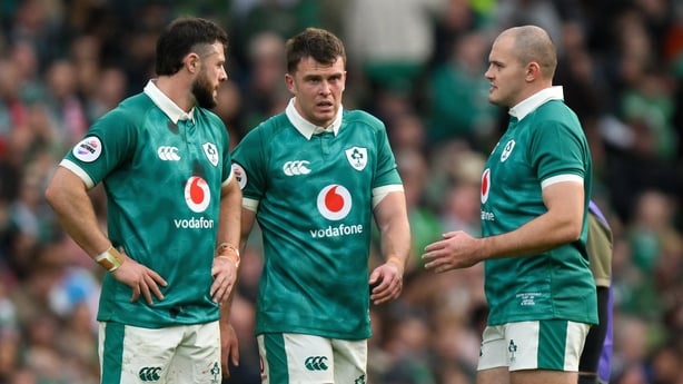 8 November 2025; Tom Farrell of Ireland, centre, with teammates Robbie Henshaw, left, and Jacob Stockdale during the Quilter Nations Series 2025 match between Ireland and Japan at the Aviva Stadium in Dublin. Photo by Brendan Moran/Sportsfile