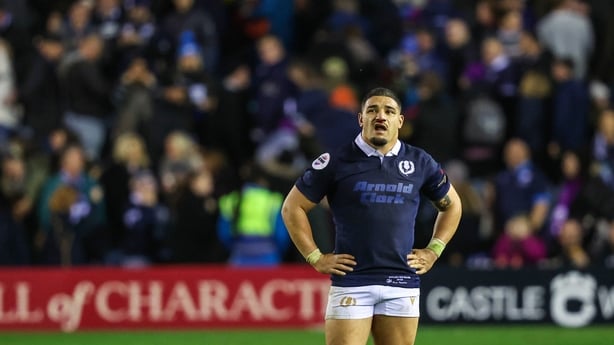 Scotland's Sione Tuipulotu looks dejected at full time during a Quilter Nations Series match between Scotland and New Zealand at the Scottish Gas Murrayfield Stadium, on November 08, 2025, in Edinburgh, Scotland. (Photo by Ross Parker/SNS Group via Getty Images)