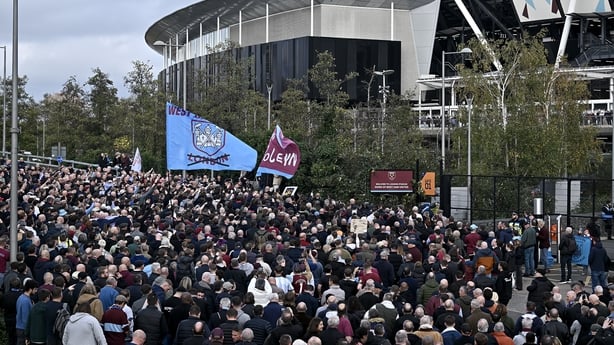 West Ham United fans protest against the board of directors ahead of the Premier League match against Burnley