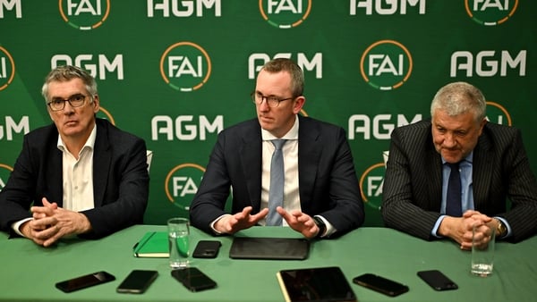 FAI independent chairperson Tony Keohane, left, FAI chief executive officer David Courell and FAI President Paul Cooke, right, during a press conference following the 2025 annual general meeting of the Football Association of Ireland at the Carlton Hotel