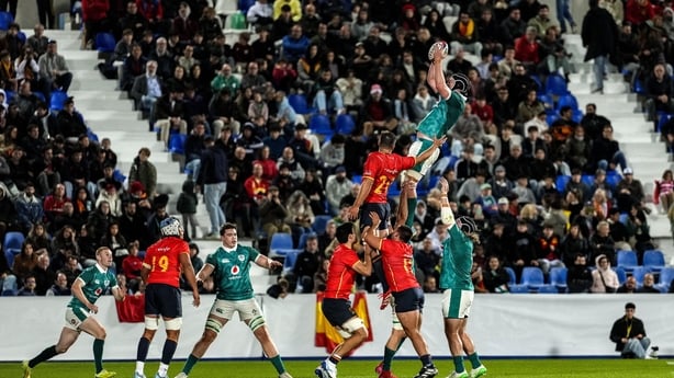 A general view of a line-out during the representative fixture rugby union match between Spain and Ireland A at Estadio Municipal de Butarque in Leganés