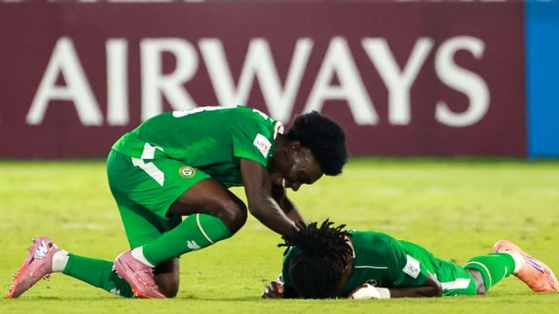 Doha , Qatar - 8 November 2025; Jaden Umeh, right, and Ade Solanke of Republic of Ireland celebrate after the FIFA Under-17 World Cup Group J match between Republic of Ireland and Uzbekistan at Aspire Zone in Doha, Qatar. (Photo By Nikola Krstic/Sportsfile via Getty Images)