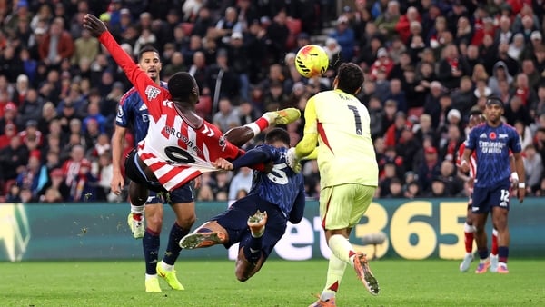 Brian Brobbey of Sunderland scores his team's second goal during the Premier League match between Sunderland and Arsenal at the Stadium of Light