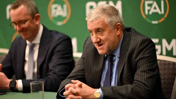 FAI President Paul Cooke during a press conference following the 2025 annual general meeting of the Football Association of Ireland at the Carlton Hotel in Blanchardstown, Dublin.