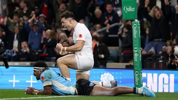 Henry Arundell celebrates his try against Fiji