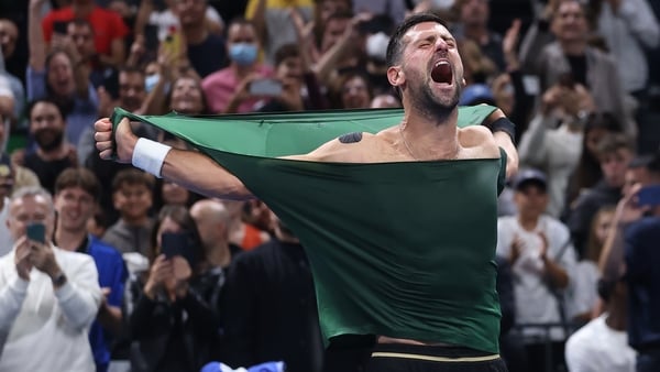 ATHENS, GREECE - NOVEMBER 8: Novak Djokovic of Serbia celebrates by tearing his shirt after defeating Lorenzo Musetti of Italy in the Hellenic Championship ATP 250 final tennis match at OAKA Olympic Athletic Center in Athens, Greece, on November 8, 2025.