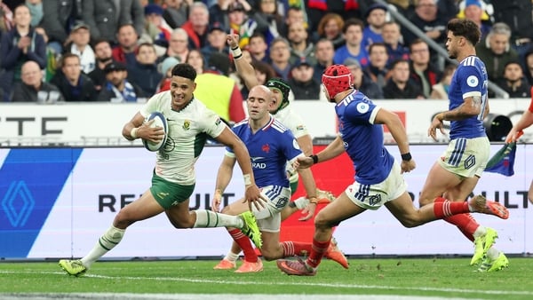 Sacha Feinberg-Mngomezulu of South Africa breaks through to scores his team's fourth try against France