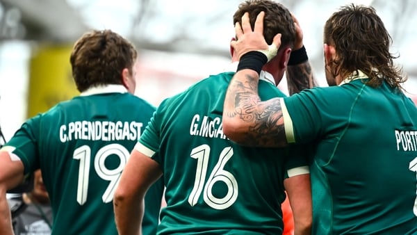 8 November 2025; Gus McCarthy of Ireland, centre, is congratulated by teammate Andrew Porter, right, after scoring their side's fourth try during the Quilter Nations Series 2025 match between Ireland and Japan at the Aviva Stadium in Dublin. Photo by Shau