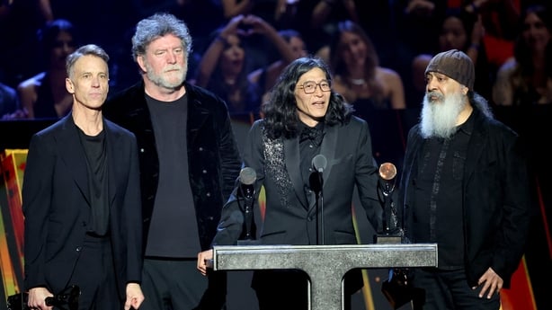 (L-R) Inductees Matt Cameron, Ben Shepherd, Hiro Yamamoto,, and Kim Thayil of Soundgarden speak onstage during the 2025 Rock & Roll Hall of Fame Induction Ceremony at Peacock Theater on 8 November, 2025 in Los Angeles, California