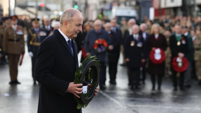 Taoiseach Micheál Martin laid a wreath during a Remembrance Sunday service at the Cenotaph in Enniskillen