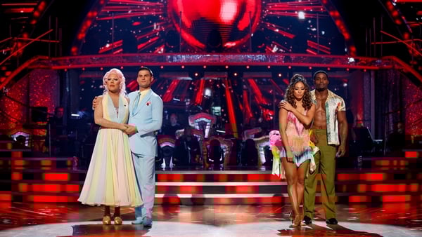 (L-R) La Voix and Aljaž Škorjanec and Harry Aikines-Aryeetey and Karen Hauer await the result