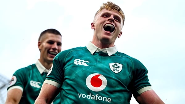 8 November 2025; Tommy O'Brien of Ireland celebrates after scoring his side's sixth try during the Quilter Nations Series 2025 match between Ireland and Japan at the Aviva Stadium in Dublin. Photo by Shauna Clinton/Sportsfile