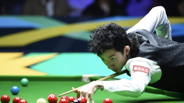 NANJING, CHINA - NOVEMBER 09: Wu Yize of China plays a shot in the Final match against John Higgins of Scotland on day 8 of International Championship 2025 at SNC National Fitness Center on November 9, 2025 in Nanjing, Jiangsu Province of China. (Photo by