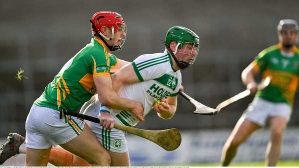 9 November 2025; Evan Shefflin of Shamrocks Ballyhale is tackled by Charlie Mitchell of Kilcormac-Killoughey during the AIB Leinster GAA Hurling Senior Club Championship quarter-final match between Shamrocks Ballyhale and Kilcormac-Killoughey at UMPC Nowl