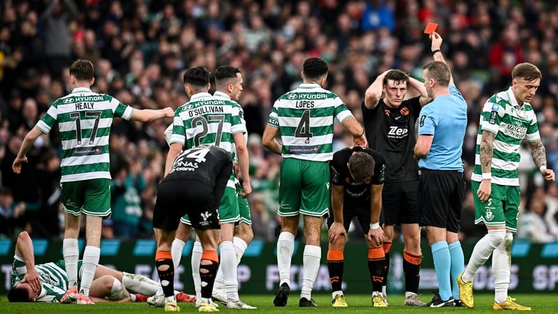 Cork City's Harry Nevin is sent off by referee Paul Norton at Aviva Stadium