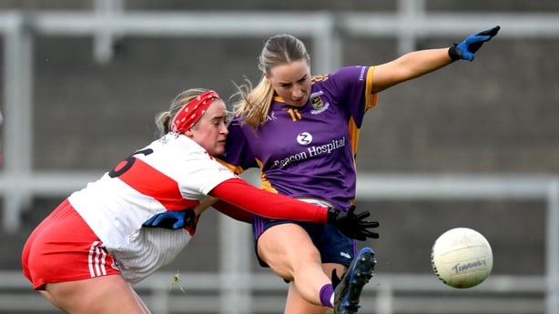 9 November 2025; Ailbhe Davoren of Kilmacud Crokes in action against Aine Byrne of Tinahely during the AIB Leinster LGFA Senior Club Championship Final between Tinahely of Wicklow and Kilmacud Crokes of Dublin at Glenisk O'Connor Park in Tullamore, Offaly. Photo by Brendan Moran/Sportsfile 