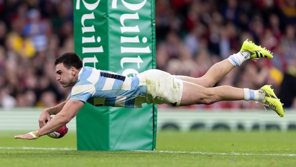 CARDIFF, WALES - NOVEMBER 9: Gerónimo Prisciantelli of Argentina dives over the line to score a try during the Quilter Nations Series 2025 rugby international match between Wales and Argentina at Principality Stadium on November 9, 2025 in Cardiff, Wales.