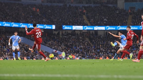 Nico Gonzalez of Manchester City scoring the second goal of the match (2-0) during the Premier League match between Manchester City and Liverpool at Etihad Stadium on November 9, 2025 in Manchester, England. (Photo by Simon Stacpoole/Offside/Offside via G