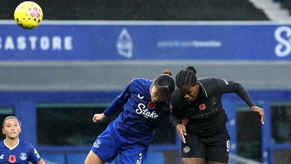 Khadija Shaw of Manchester City scores her team's second goal during the Barclays Women's Super League match between Everton and Manchester City at Goodison Park on November 09, 2025 in Liverpool, England.