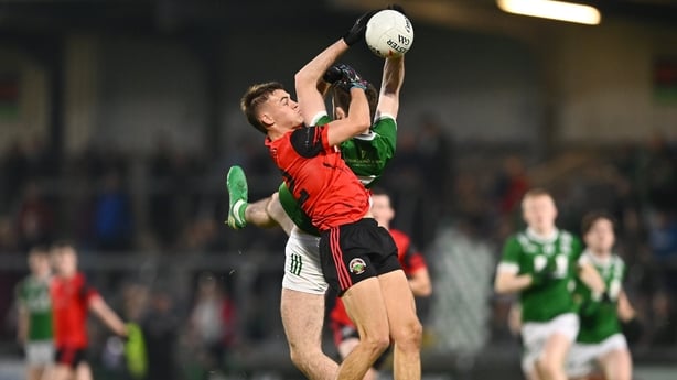 9 November 2025; Shane McGrogan of Newbridge in action against Darragh McMullen of Madden during the AIB Ulster GAA Football Senior Club Championship quarter-final match between Madden and Newbridge at BOX-IT Athletic Grounds in Armagh. Photo by Piaras Ó Mídheach/Sportsfile
