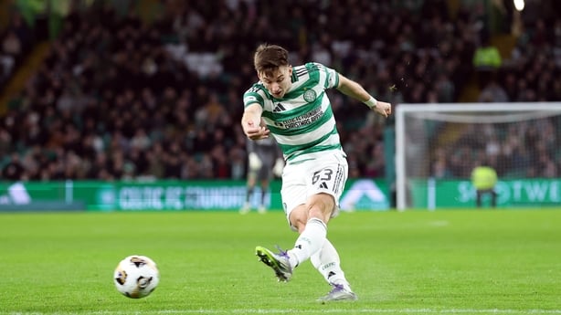 GLASGOW, SCOTLAND - NOVEMBER 09: Kieran Tierney of Celtic scores his team's second goal during the Premier League match between Celtic and Kilmarnock at Celtic Park on November 09, 2025 in Glasgow, Scotland. (Photo by Ian MacNicol/Getty Images)