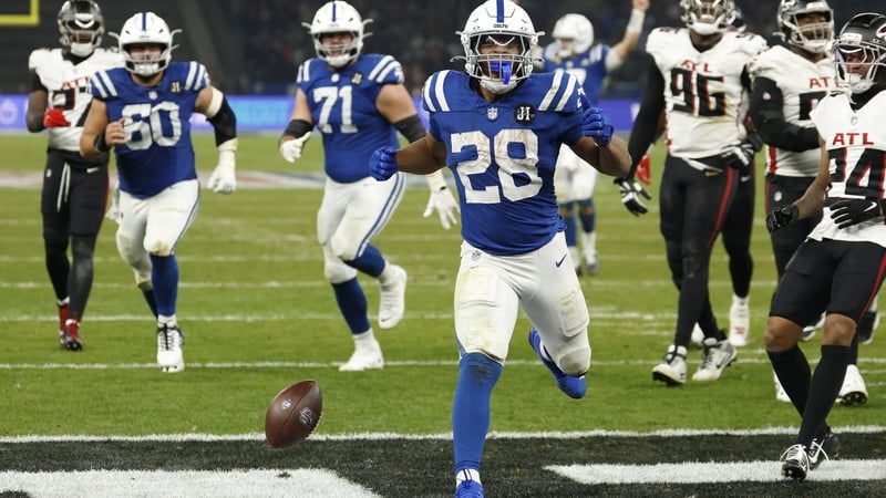 Indianapolis Colts' running back Jonathan Taylor runs in the winning touchdown against the Atlanta Falcons