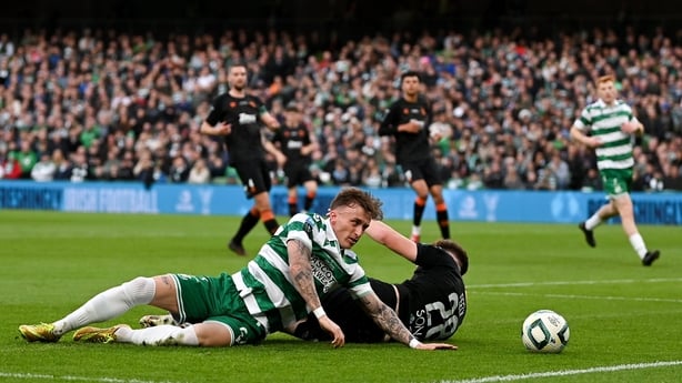 9 November 2025; Danny Grant of Shamrock Rovers in action against Rory Feely of Cork City during the 2025 Sports Direct Men's FAI Cup Final match between Shamrock Rovers and Cork City at the Aviva Stadium in Dublin. Photo by Stephen McCarthy/Sportsfile