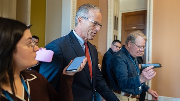 Senate Majority Leader John Thune (R-SD) speaks to reporters following a Republican conference meeting on Capitol Hil