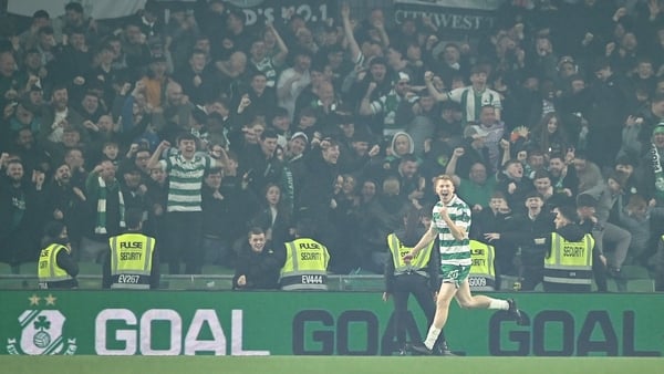 9 November 2025; Rory Gaffney of Shamrock Rovers celebrates after scoring his side's second goal during the 2025 Sports Direct Men's FAI Cup Final match between Shamrock Rovers and Cork City at the Aviva Stadium in Dublin. Photo by Ben McShane/Sportsfile