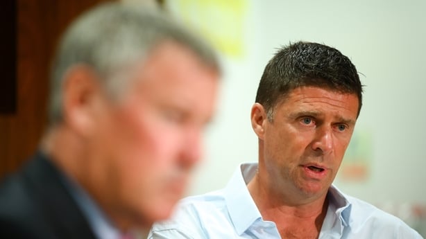 5 August 2020; FAI Interim Deputy Chief Executive Niall Quinn, right, and FAI Interim Chief Executive Gary Owens during the FAI Board Press Conference at FAI Headquarters in Abbotstown, Dublin. Photo by Stephen McCarthy/Sportsfile