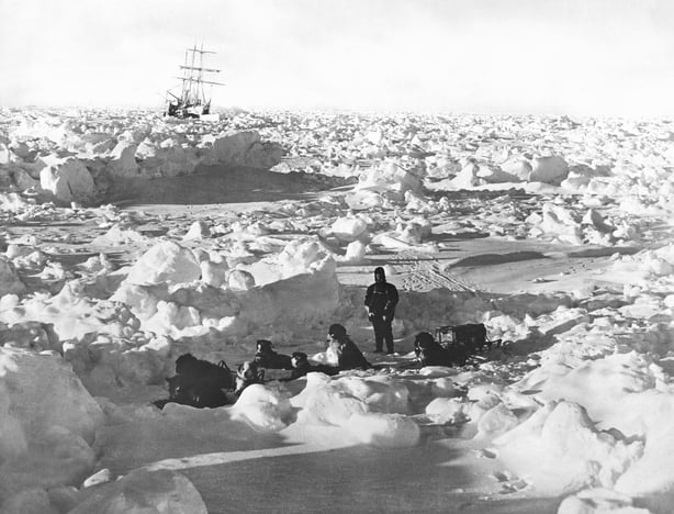 British explorer Sir Ernest Shackleton's ship, the Endurance, caught in the ice of the Weddell Sea, where it eventually sank, Antarctica, 1915. In the foreground is one of the expedition members out with a dog sled team on a food foraging expedition. (Photo by Underwood Archives/Getty Images)